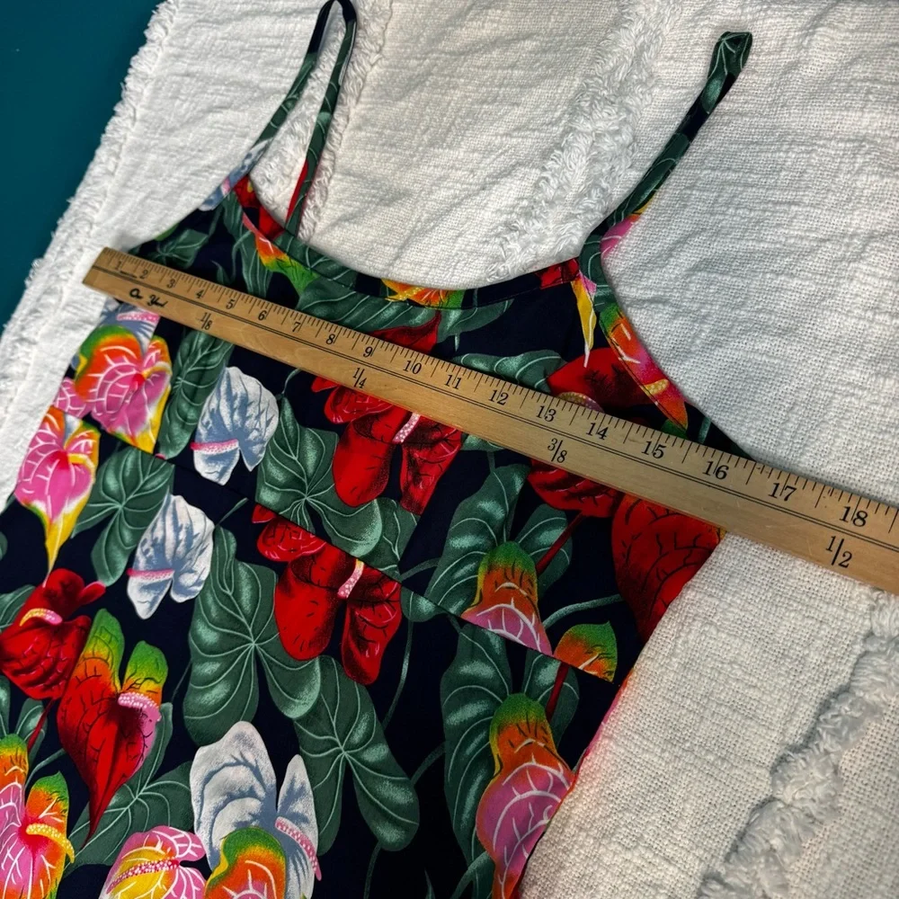 Vintage 90s Hawaiian Y.L.T.E Floral Spaghetti Strap Mini Dress Tropical Leaf - Picture 8 of 10